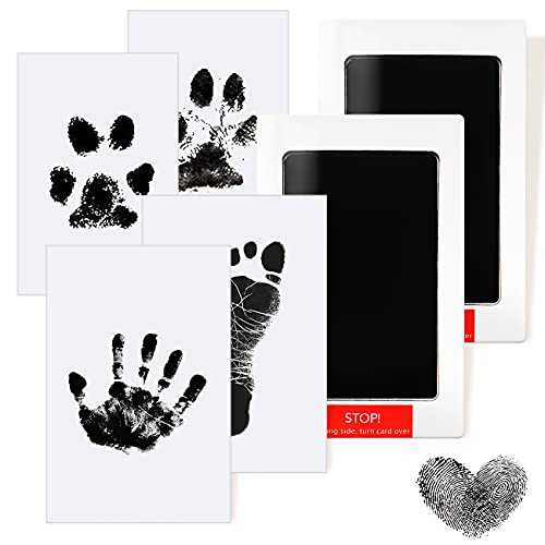 AOBETAK Kit Huella Bebe Pie Y Manos Tinta, No Tóxicas, No Se Mancha, 4 Tarjetas De Impresión Y 2 Plantillas, Almohadillas De Tinta Kit Huella Del Mascota, Recuerdo Regalo Bebés De 0 A 6 Meses, Negro