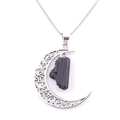 ARITZI - Colgante de Plata 925 de Luna Calada con Piedra semipreciosa Bruta - Incluye Cadena Veneciana de 45 cm en Plata de Ley rodiada - Turmalina Negra