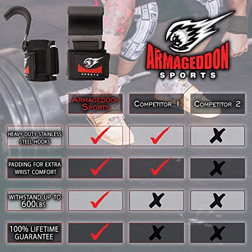 ARMAGEDDON SPORTS Correas de Agarre con Ganchos de Metal para Levantamiento de Pesas - Guantes para Gimnasio Musculacion Elevación Muñequeras de Peso - Power Lifting Grip Hooks Deadlift