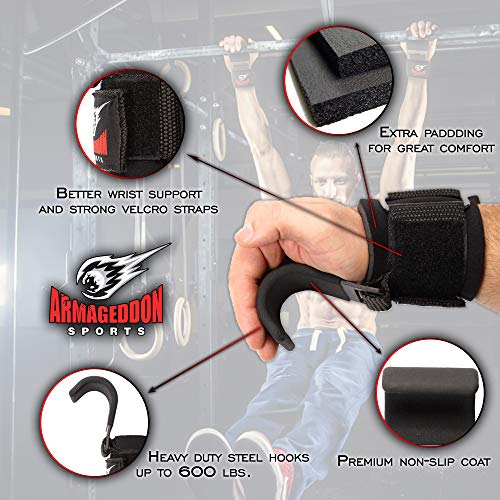 ARMAGEDDON SPORTS Correas de Agarre con Ganchos de Metal para Levantamiento de Pesas - Guantes para Gimnasio Musculacion Elevación Muñequeras de Peso - Power Lifting Grip Hooks Deadlift