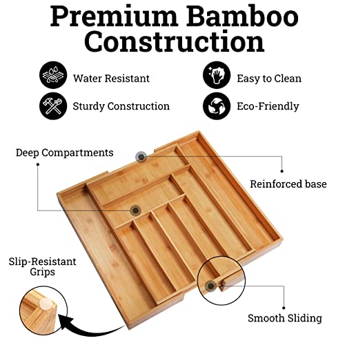 Artisware Bamboo Organizador del cajón Extensible, Cubiertos y Bandeja utensilio (7 Compartimentos Ampliable)