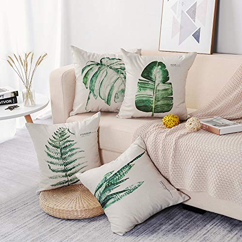 Artscope Set de 4,Funda de Cojín 45x45cm,Funda de Almohada para Cojín Cuadrado Poliéster Lino para Sofá Cama Decoración para Hogar (Hoja Verde Simple)