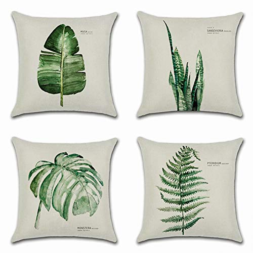 Artscope Set de 4,Funda de Cojín 45x45cm,Funda de Almohada para Cojín Cuadrado Poliéster Lino para Sofá Cama Decoración para Hogar (Hoja Verde Simple)