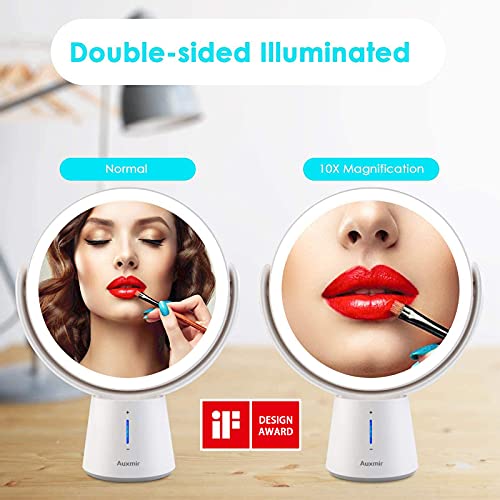 Auxmir Espejo cosmético con iluminación LED con Aumento de 1X / 10X y 5 Brillos Regulables, Espejo de Maquillaje de Doble Cara, Recargable, Giratorio de 360 ​​° para el hogar y en Cualquier Lugar