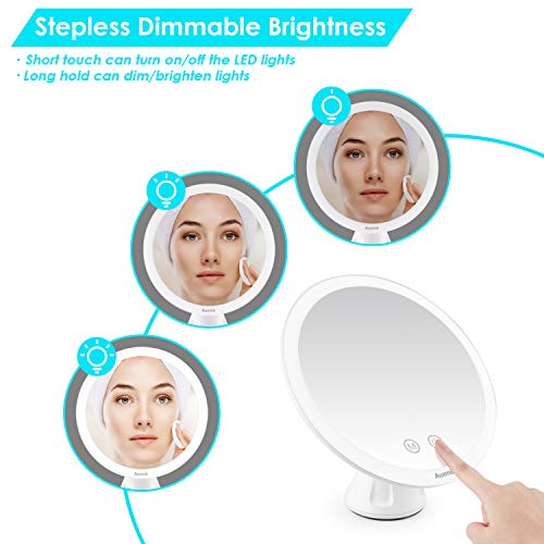 Auxmir Espejo Maquillaje con Luz LED 10X Aumento Espejo Cosmético Iluminoso con Ventosa, 360 Rotación, 3 Luces Ajustables Brillo Regulable Recargable Portátil, para Afeitado Maquillaje, Blanco