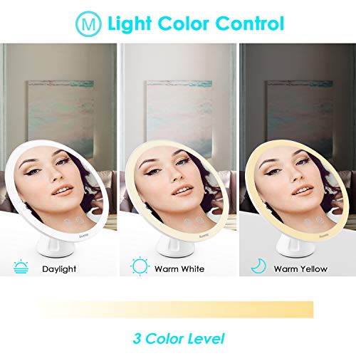 Auxmir Espejo Maquillaje con Luz LED 10X Aumento Espejo Cosmético Iluminoso con Ventosa, 360 Rotación, 3 Luces Ajustables Brillo Regulable Recargable Portátil, para Afeitado Maquillaje, Blanco