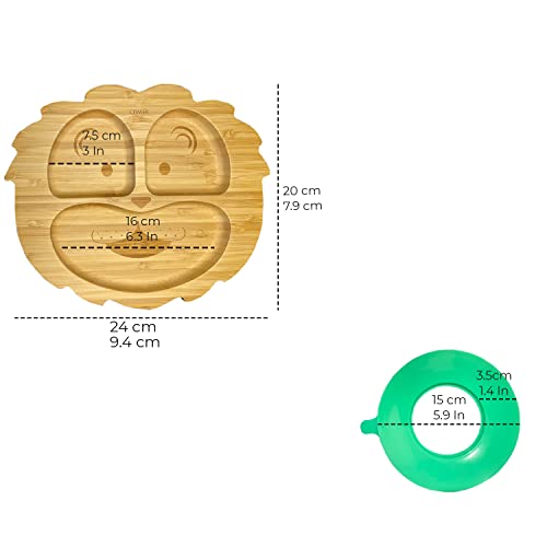 AWIIK - Plato de Bamboo con fuerte ventosa para Bebés y niños pequeños. Plato BLW de bambú antideslizante con succión. Plato infantil antivuelco para aprender a comer BLW (Lion_Green)