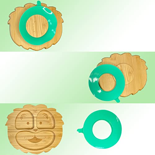 AWIIK - Plato de Bamboo con fuerte ventosa para Bebés y niños pequeños. Plato BLW de bambú antideslizante con succión. Plato infantil antivuelco para aprender a comer BLW (Lion_Green)