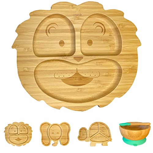 AWIIK - Plato de Bamboo con fuerte ventosa para Bebés y niños pequeños. Plato BLW de bambú antideslizante con succión. Plato infantil antivuelco para aprender a comer BLW (Lion_Green)