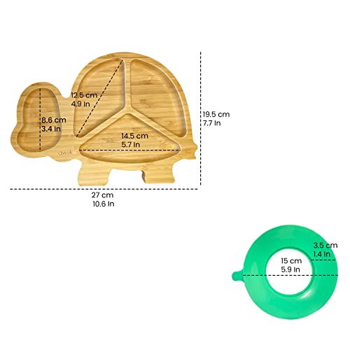 AWIIK - Plato de Bamboo con fuerte ventosa para Bebés y niños pequeños. Plato BLW de bambú antideslizante con succión. Plato infantil antivuelco para aprender a comer BLW (Turtle_Green)