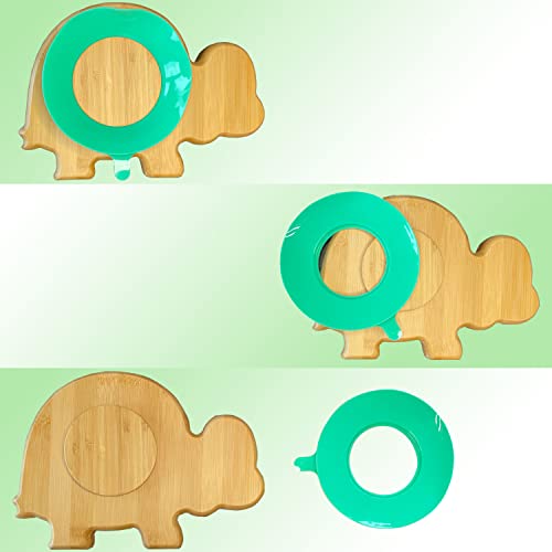 AWIIK - Plato de Bamboo con fuerte ventosa para Bebés y niños pequeños. Plato BLW de bambú antideslizante con succión. Plato infantil antivuelco para aprender a comer BLW (Turtle_Green)