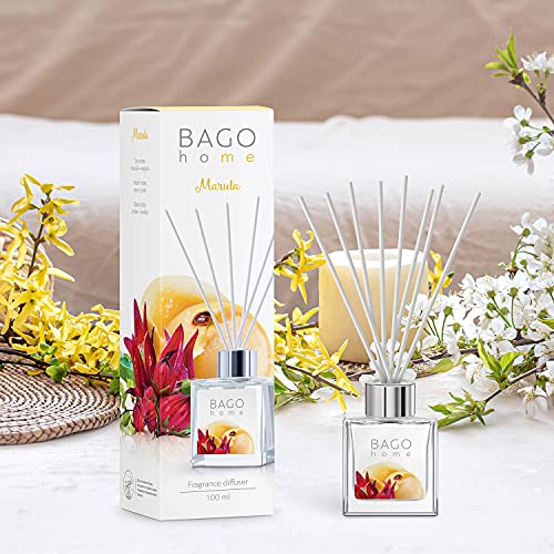 BAGO home Difusor de Varillas Perfumado - Marula, 100 ml | con 8 Palitos de Fibra | Ambientador sin Alcohol para casa, oficina, baño