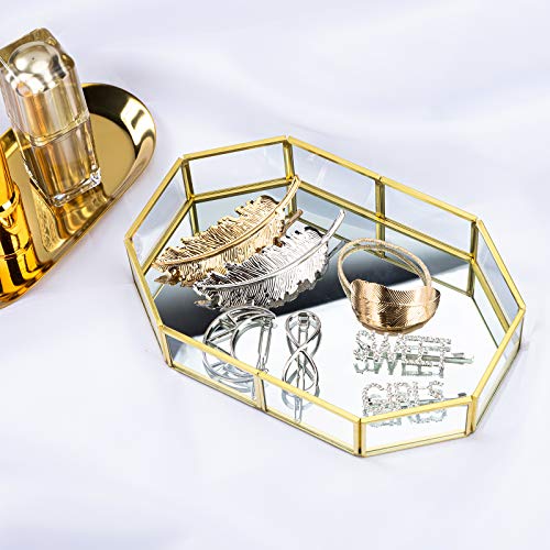 Bandeja de Espejo de Cristal Dorado, Bandeja de Perfume, Bandeja de tocador de Metal Poligonal, Bandeja Decorativa para Velas,cosméticos, Maquillaje, Dormitorio