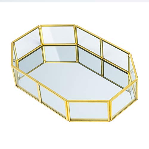 Bandeja de Espejo de Cristal Dorado, Bandeja de Perfume, Bandeja de tocador de Metal Poligonal, Bandeja Decorativa para Velas,cosméticos, Maquillaje, Dormitorio