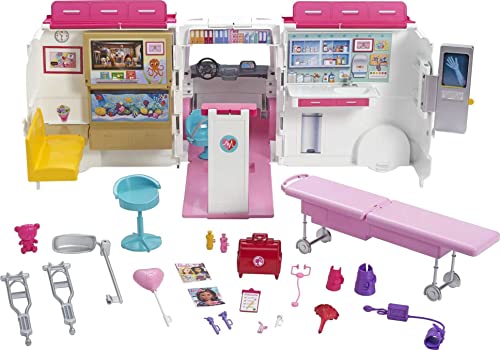 Barbie Juego de Ambulancia y Clínica - Convertible - 20+ Accesorios - Luces y Sonidos - No incluye Muñeca - +60 cm - Regalo para Niños de 3+ Años