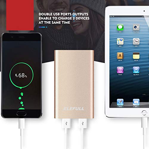 Batería Externa 10000mAh con Linterna 2 Puertos USB Banco de Energía Portátil Rápido con Carcasa Metálica y Aspecto Elegante para Teléfonos Móviles Tabletas y Otras Electrónicas (10000mAh Oro)