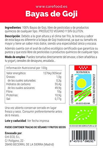 Bayas de Goji 100% Orgánicas 200 gr | Carefood Bayas ecológicas de mayor tamaño y más sabrosas | Procedentes del Tibet | Superalimento Ecológico