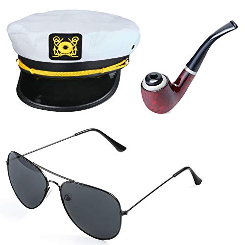 Beelittle Yacht Capitán Sombrero Accesorios de Disfraces Conjunto Barco Ajustable Marinero Nave Skipper Gorra Aviador Gafas de Sol Pipa de Tabaco con Accesorios de diseño de Ancla (A)