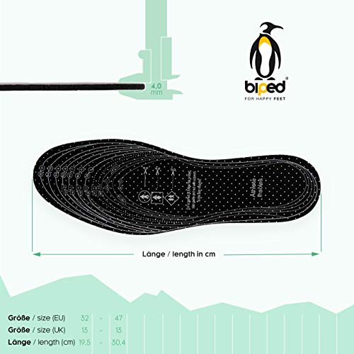 biped tres pares de plantillas de carbón activo con látex, números 32-46, recortables, para una regulación climática, higiene y frescor en el calzado y en los pies z2724