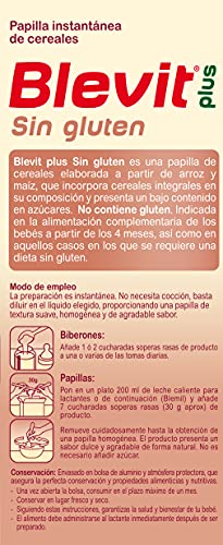 Blevit Plus Sin Gluten - Papilla de Cereales para Bebé con Harina de Arroz y Harina de Maíz - Sin Azúcares Añadidos - Desde los 4 meses - 600g