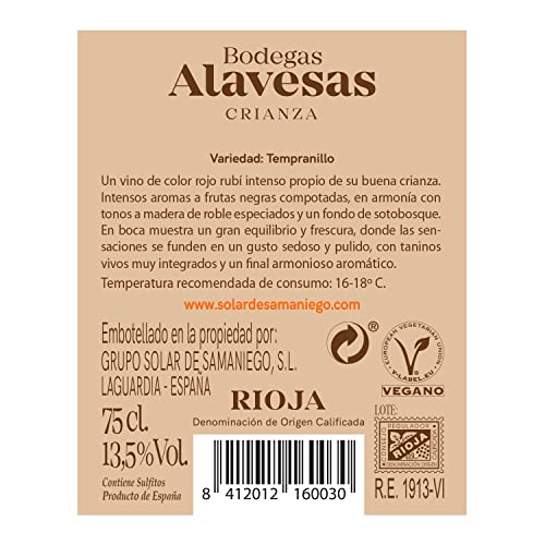 Bodegas Alavesas – Vino Tinto Crianza 2018 Denominación de Origen Calificada Rioja, Variedad Tempranillo, 12 meses en barrica – Caja de 3 botellas x 750 ml – Total: 2250 ml