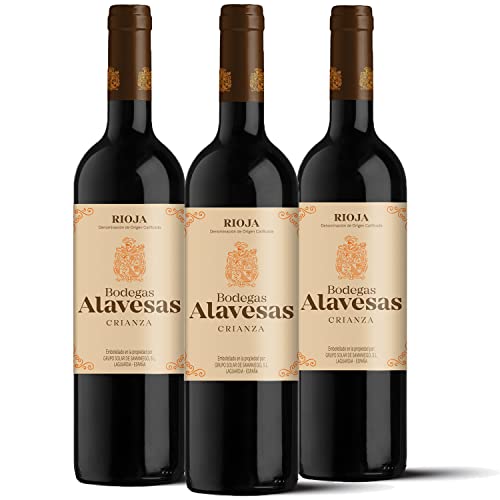 Bodegas Alavesas – Vino Tinto Crianza 2018 Denominación de Origen Calificada Rioja, Variedad Tempranillo, 12 meses en barrica – Caja de 3 botellas x 750 ml – Total: 2250 ml