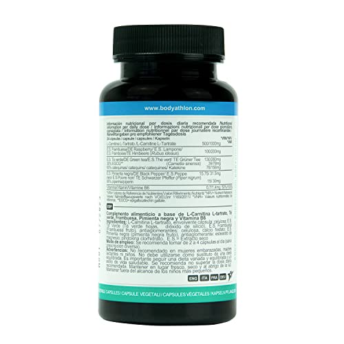 Bodyathlon- Fat Burner– Activador metabolismo- Adelgazante- Quemagrasas termogénico– Tonificador- Saciante- L-Carnitina, Té verde, Frambuesa, Pimienta negra y Vitamina B6-90 cápsulas- Vegano- Keto