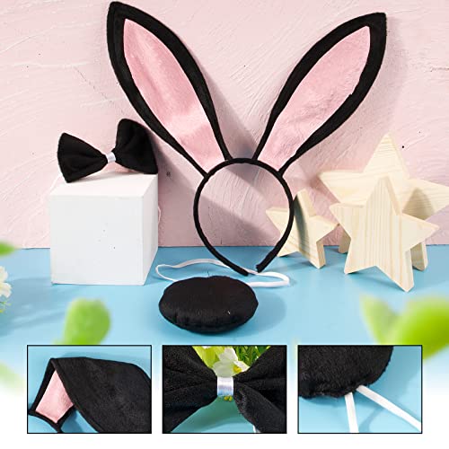 BOFUNX 2 Conjuntos de Accesorios de Conejo Disfraz Conejito Diadema de Orejas Pajarita Cola para Fiesta de Disfraces Cosplay Traje Sets Blanco + Negro 6pcs Mujer Niña Adulto