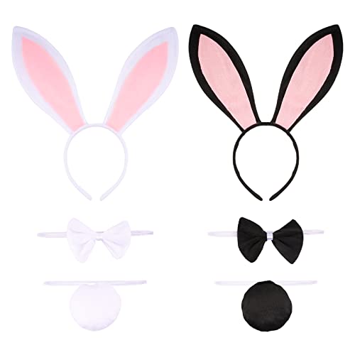 BOFUNX 2 Conjuntos de Accesorios de Conejo Disfraz Conejito Diadema de Orejas Pajarita Cola para Fiesta de Disfraces Cosplay Traje Sets Blanco + Negro 6pcs Mujer Niña Adulto