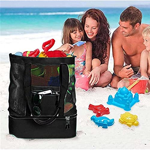 Bolsa Multibolsillo Malla Picnic,Bolsa de Playa Portátil de Malla,Picnic Bolsa de Playa Bolsa de Picnic de Playa con Cremallera de Malla de Aislamiento Térmico de Doble Capa (negro)