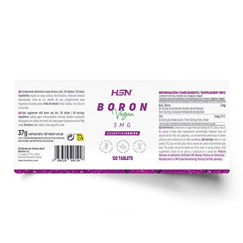 Boro de HSN | 3mg | Alta biodisponibilidad en forma de Borato Sódico | Oligoelemento Esencial | Con Zinc | No-GMO, Vegano, Sin Lactosa | 120 Tabletas