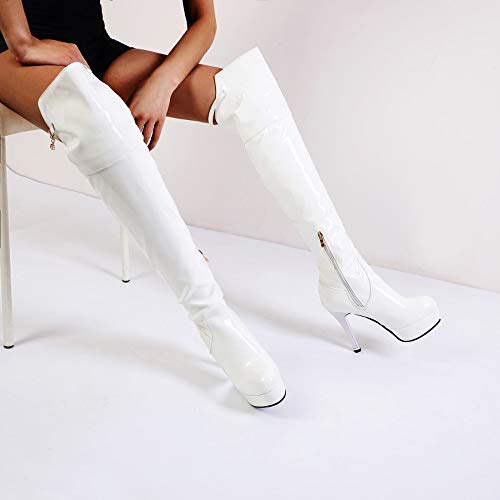 Botas Sobre La Rodilla, Charol De Mujer Botas Largas De Plataforma Impermeable, Zapatos De Mujer De Discoteca De Estilete,Blanco,33