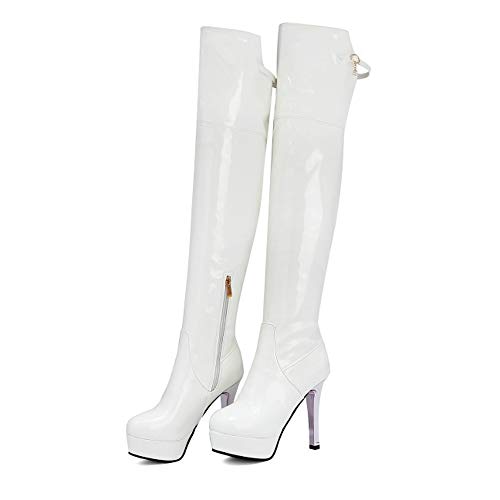 Botas Sobre La Rodilla, Charol De Mujer Botas Largas De Plataforma Impermeable, Zapatos De Mujer De Discoteca De Estilete,Blanco,33