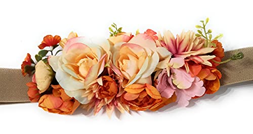 BRANDELIA Cinturones de Flores para Vestidos de Fiesta Mujer Cinturones Elásticos Mujer con Flores Artificiales, Cinta Beis Flores Naranja