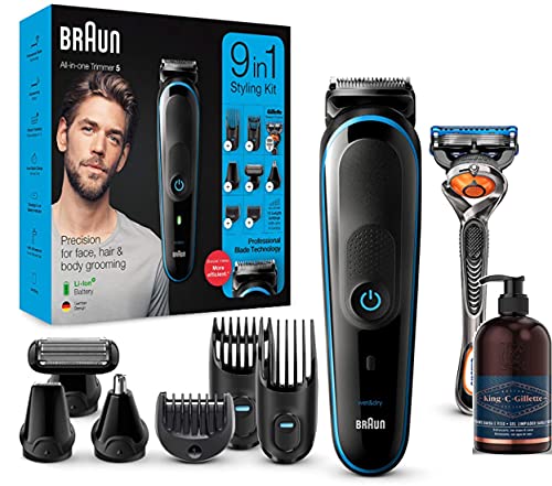 Braun Recortadora de Barba 9 en 1, Máquina de Cortar Pelo, Depiladora Corporal Hombre, MGK 5280, Negro/Azul