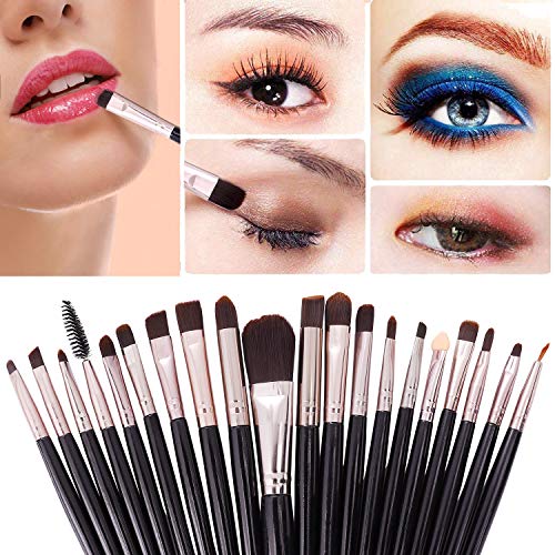 Brochas de Maquillaje 20 piezas Pinceles de Maquillaje Profesional Fibra Sintética para las Cejas, Facial, Base de Maquillaje, Polvos, Crema,Blush Concealers Kit de pinceles (Negro)