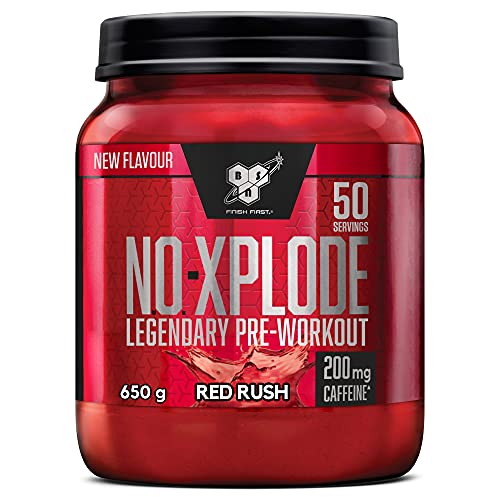 BSN N.O.-Xplode Pre-workout Powder, Suplemento Deportivo con Cafeína, Aminoácidos, Vitamina C y Zinc, Red Rush, 50 Porciones, 650 g, Embalaje Puede Variar