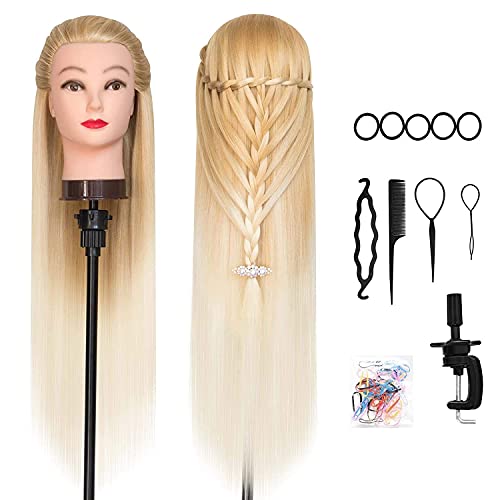 Cabeza maniquí, DanseeMeibr 66cm cabeza peluqueria Practicas Formación de la Cosmetología para trenza 100% de cabello sintéticas, cabeza de muñeca con Soporte de Mesa + Accesorios de Peinado