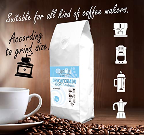 Café en grano natural. Quality Roasters Coffees. Descafeinado. 100% Arábica. 1Kg. Tueste Medio. Tostado artesanal.