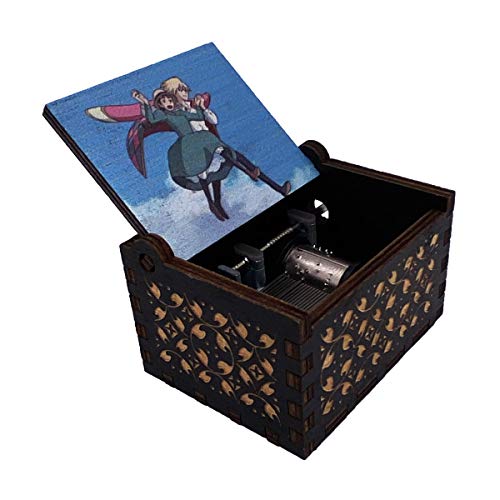 Caja musical de madera grabada castillo de Howl's Moving Castle Caja de regalo de manivela para Navidad, cumpleaños, día de San Valentín, paseo aéreo (negro)