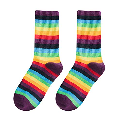 Calcetines De Rayas Multicolores Para Mujer Calcetines De Algodón De Tubo Medio Para Mujer Calcetines De Estilo Retro Rainbow Sock Crew