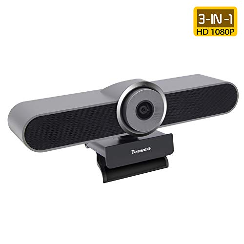 Cámara web para videoconferencia Tenveo AV200pro, HD 1080K, campo de visión de 124 °, rotación de 360 ​​°, micrófono de altavoz integrado, uso diario en casa o sala de reuniones pequeña, gris plateado