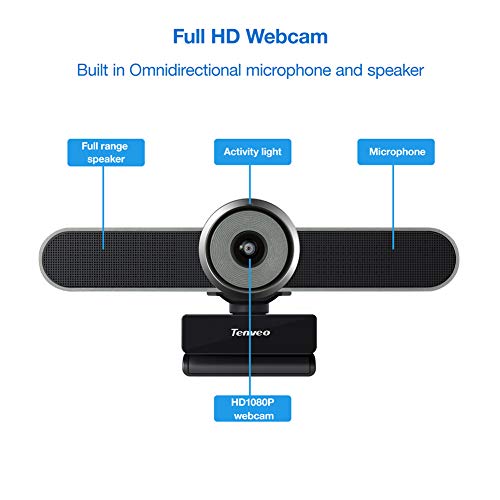 Cámara web para videoconferencia Tenveo AV200pro, HD 1080K, campo de visión de 124 °, rotación de 360 ​​°, micrófono de altavoz integrado, uso diario en casa o sala de reuniones pequeña, gris plateado