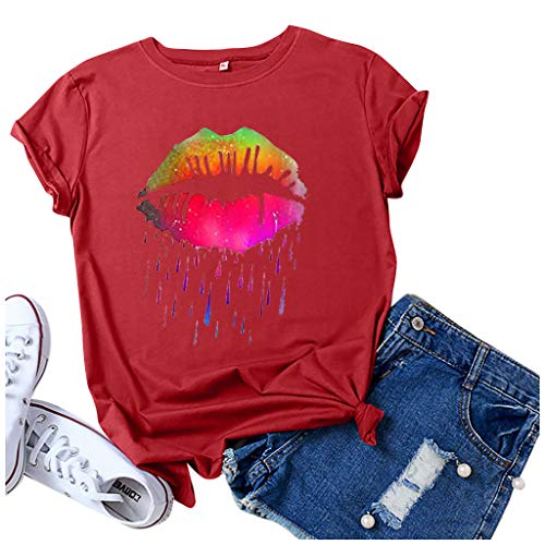 Camisetas casuales de manga corta para mujer, blusas con cuello redondo, estampado de labios colorido, suave, túnicas de verano para adolescentes y niñas, rosso, L