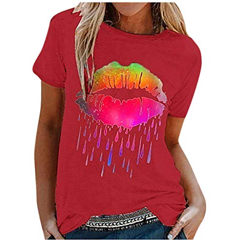 Camisetas casuales de manga corta para mujer, blusas con cuello redondo, estampado de labios colorido, suave, túnicas de verano para adolescentes y niñas, rosso, L