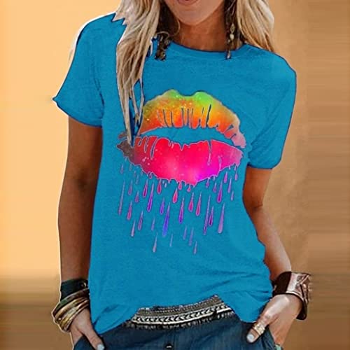 Camisetas casuales de verano de manga corta para mujer, camiseta de cuello redondo, con estampado de labios colorido, suave, camiseta de túnicas para adolescentes y niñas, azul, XXL