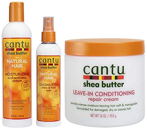 Cantu Crema activadora de rizos de manteca de karité, aceite de coco Shine & Hold Mist y crema reparadora acondicionador (juego de 3)