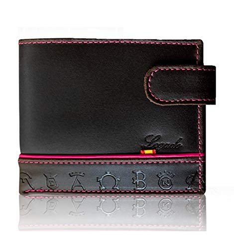 Cartera Horizontal Piel TRATADA Tira Fuxia Tarjetero Monedero Hombre Piel Cuero con Pulsera Bandera ESPAÑA DE Regalo y Tarjeta Proteccion RFIDBilletera