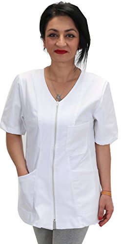 Casaca, camisas de trabajo para mujer con cremallera, color blanco, algodón, esteticista, peluquería, maestra guardería, alimentos blanco M