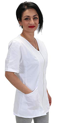 Casaca, camisas de trabajo para mujer con cremallera, color blanco, algodón, esteticista, peluquería, maestra guardería, alimentos blanco M